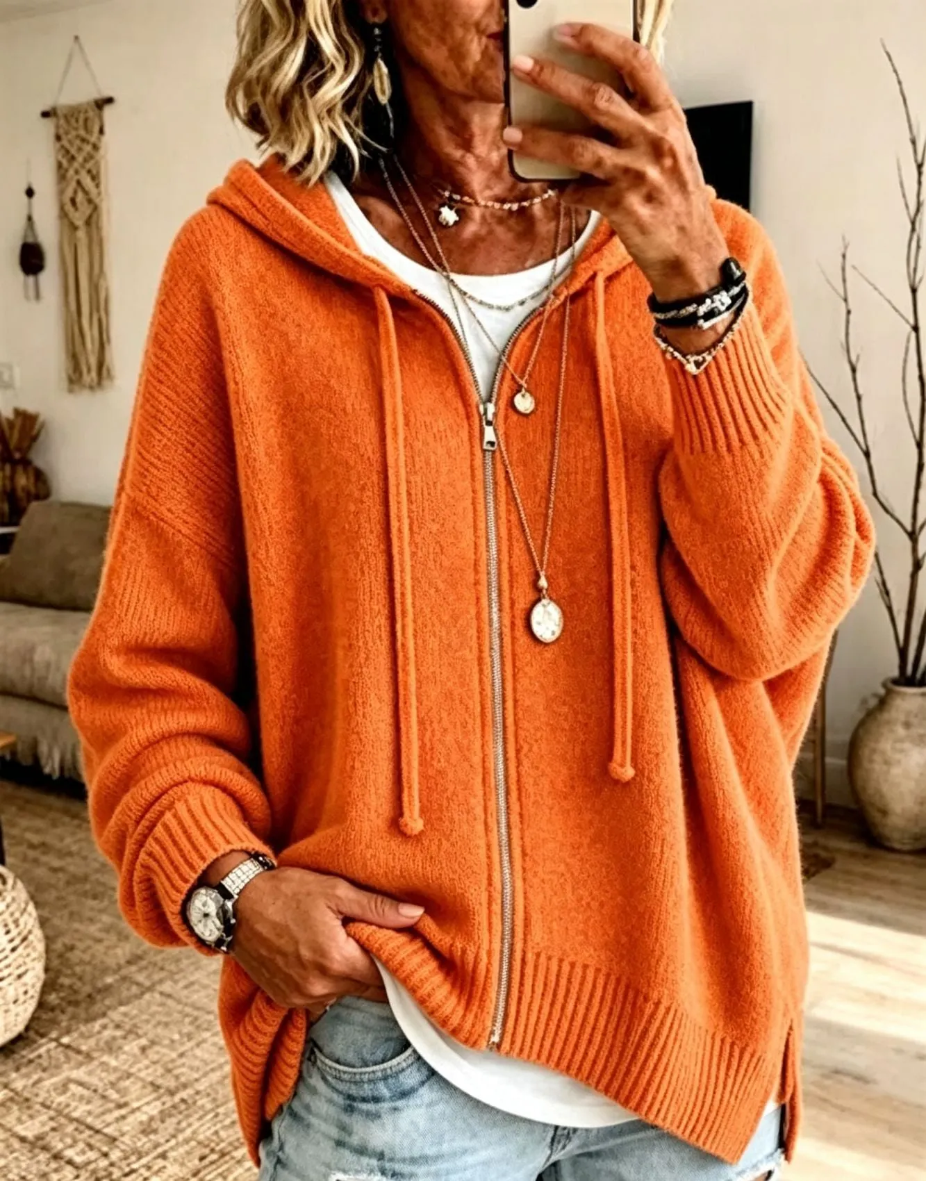 Damen-Strickjacke mit Kapuze und durchgehendem Reißverschluss, lockerer Langarmpullover
