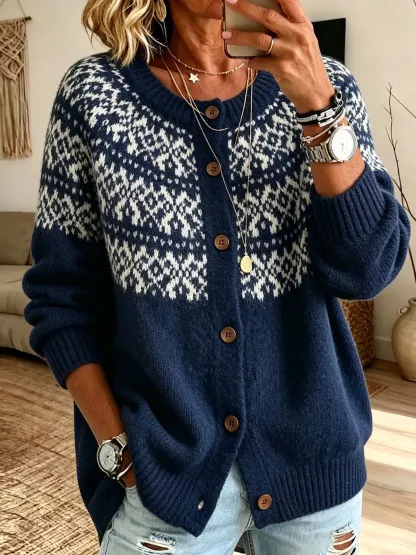 Damen-Strickjacke mit Rundhalsausschnitt, Knopfleiste und langen Ärmeln im Fair-Isle-Muster