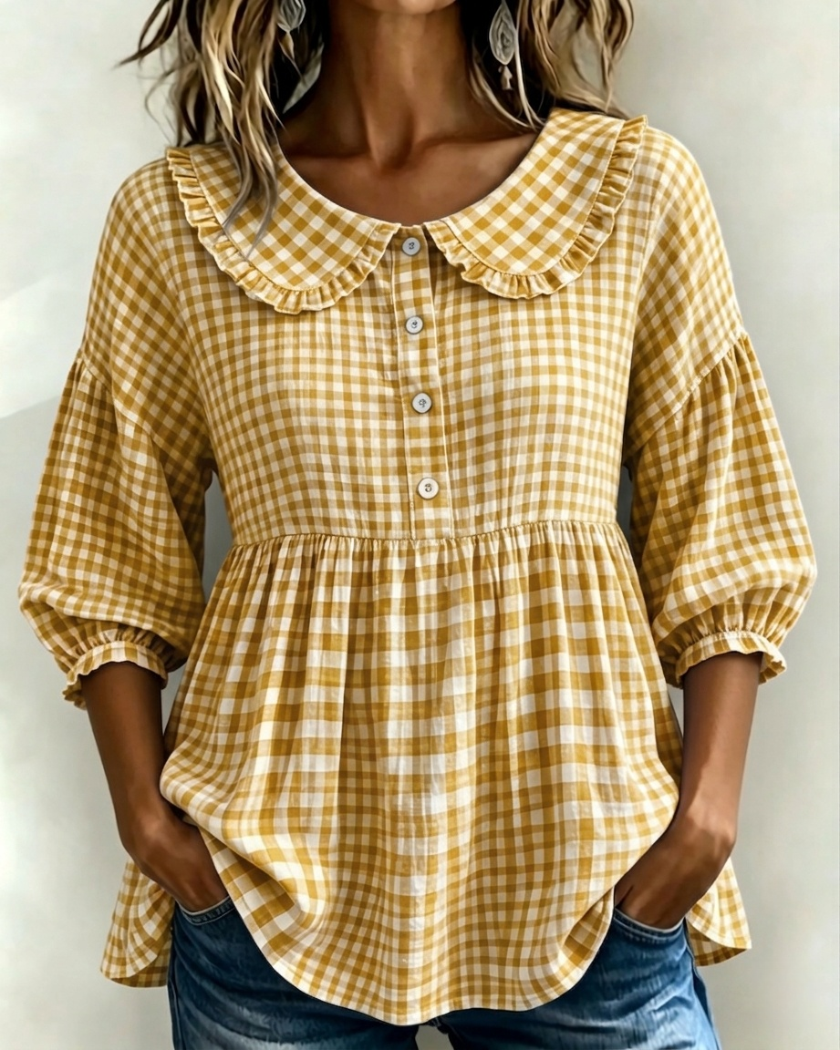 New Arrivals🔥Women's Gingham Puff Sleeve Peplum Blouse
