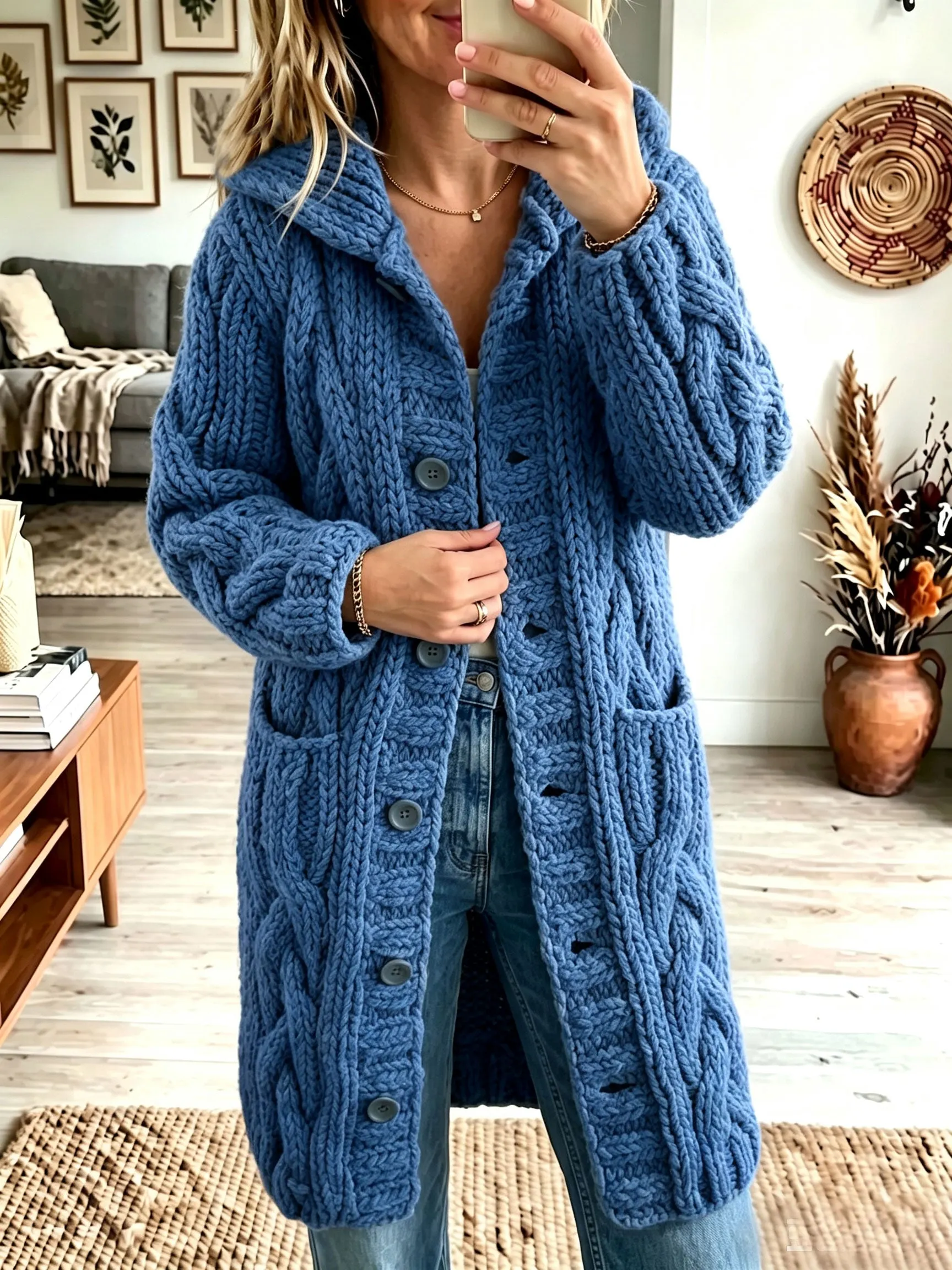 Damen-Cardigan mit Reverskragen, grob gestrickt, mit Knopfleiste, mittellanger Strickmantel