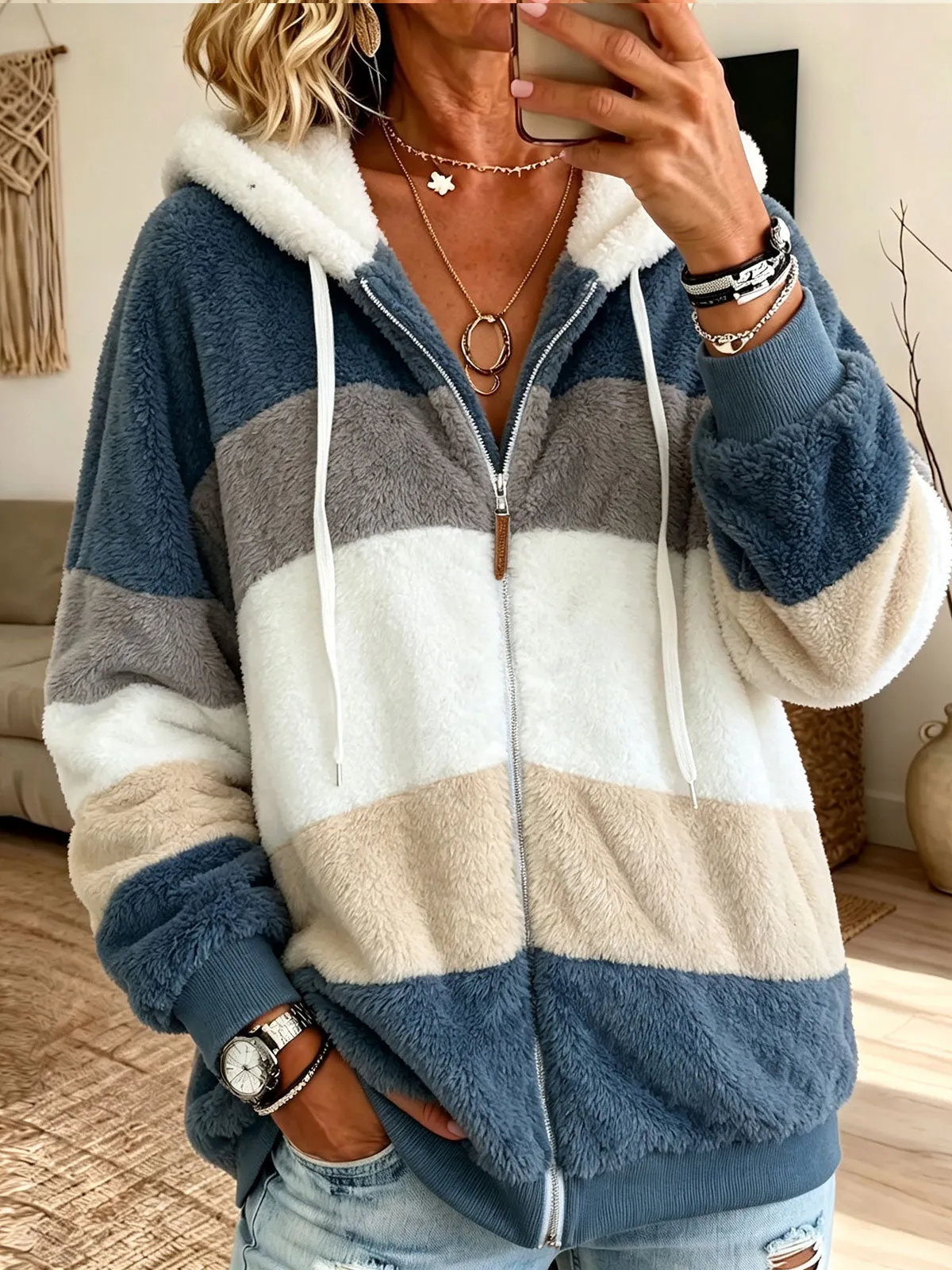 Damen-Fleecejacke, locker, warm, farblich abgesetzt, flauschig, mit Reißverschluss und Kapuze