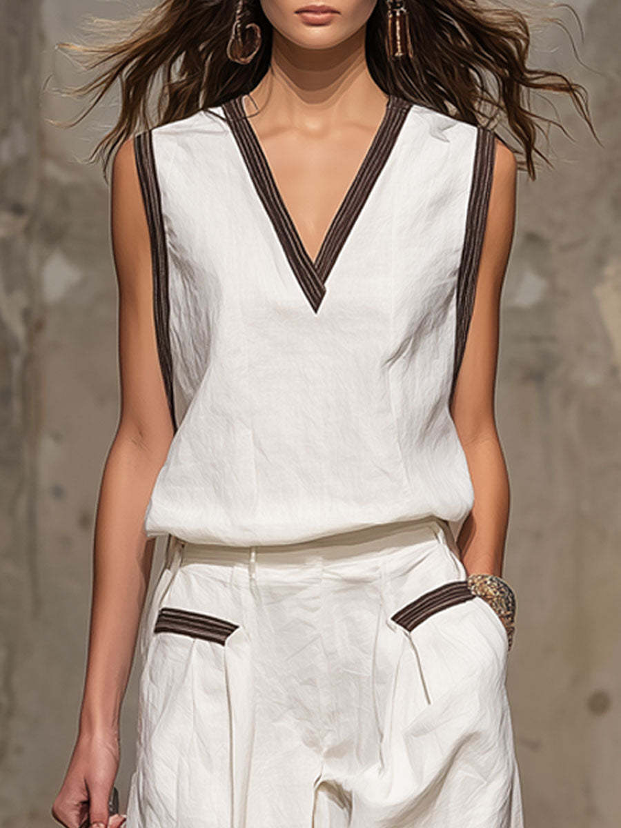 Casual Retro Brown-trimmed White Cotton Linen Sleeveless Top And Pants Set