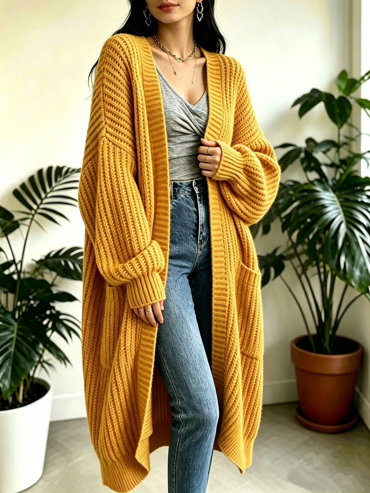 Locker geschnittener, langer Strickcardigan für Damen, dicker Strickmantel, mit Taschen
