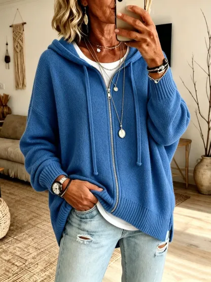 Damen-Strickjacke mit Kapuze und durchgehendem Reißverschluss, lockerer Langarmpullover