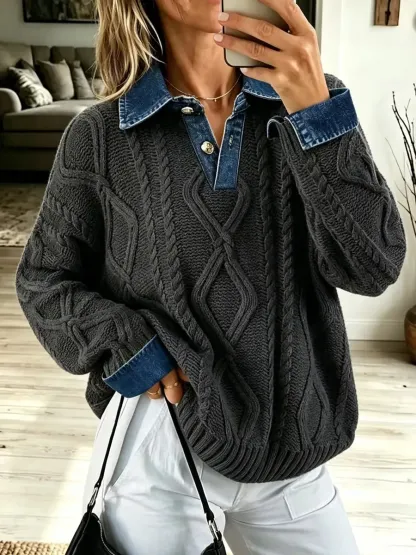 Retro-Denim-Patchwork-Strickpullover, lässig und stylisch, langärmelig