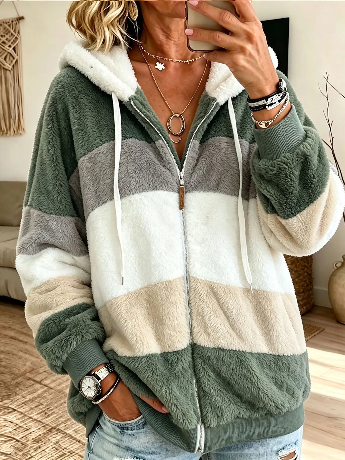 Damen-Fleecejacke, locker, warm, farblich abgesetzt, flauschig, mit Reißverschluss und Kapuze