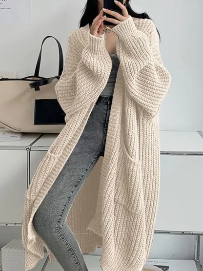 Locker geschnittener, langer Strickcardigan für Damen, dicker Strickmantel, mit Taschen