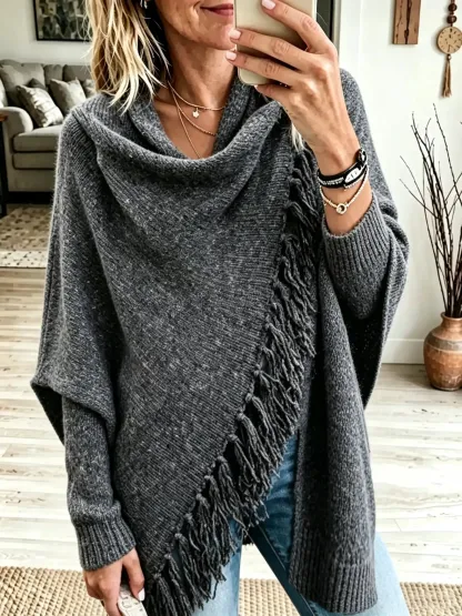 Damen-Poncho-Pullover mit asymmetrischem Fransenmuster