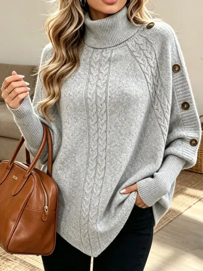 Women Raglan Sleeve Decorative Button Pullover Jumper Turtleneck Cable Knit Sweater,