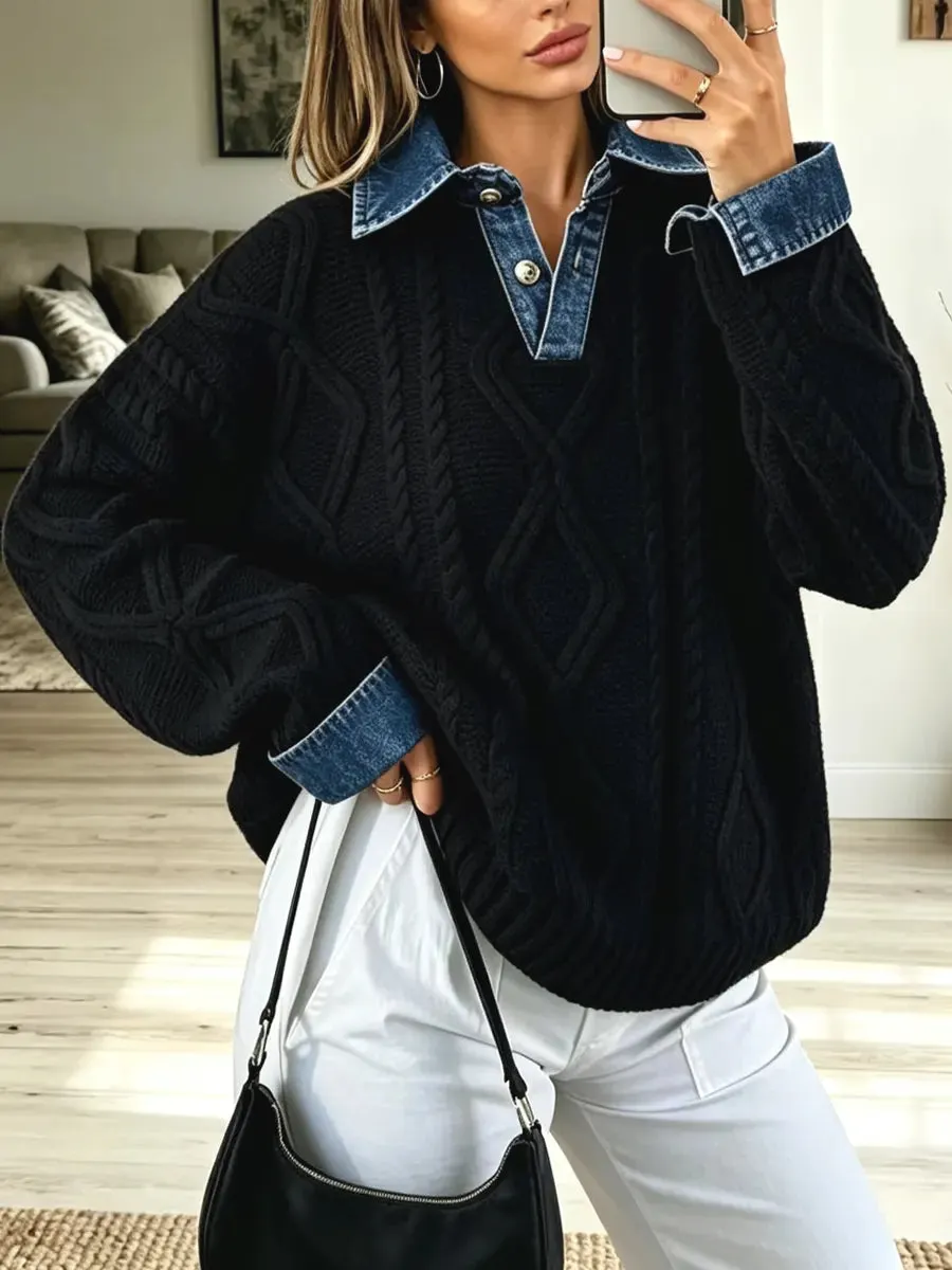 Retro-Denim-Patchwork-Strickpullover, lässig und stylisch, langärmelig