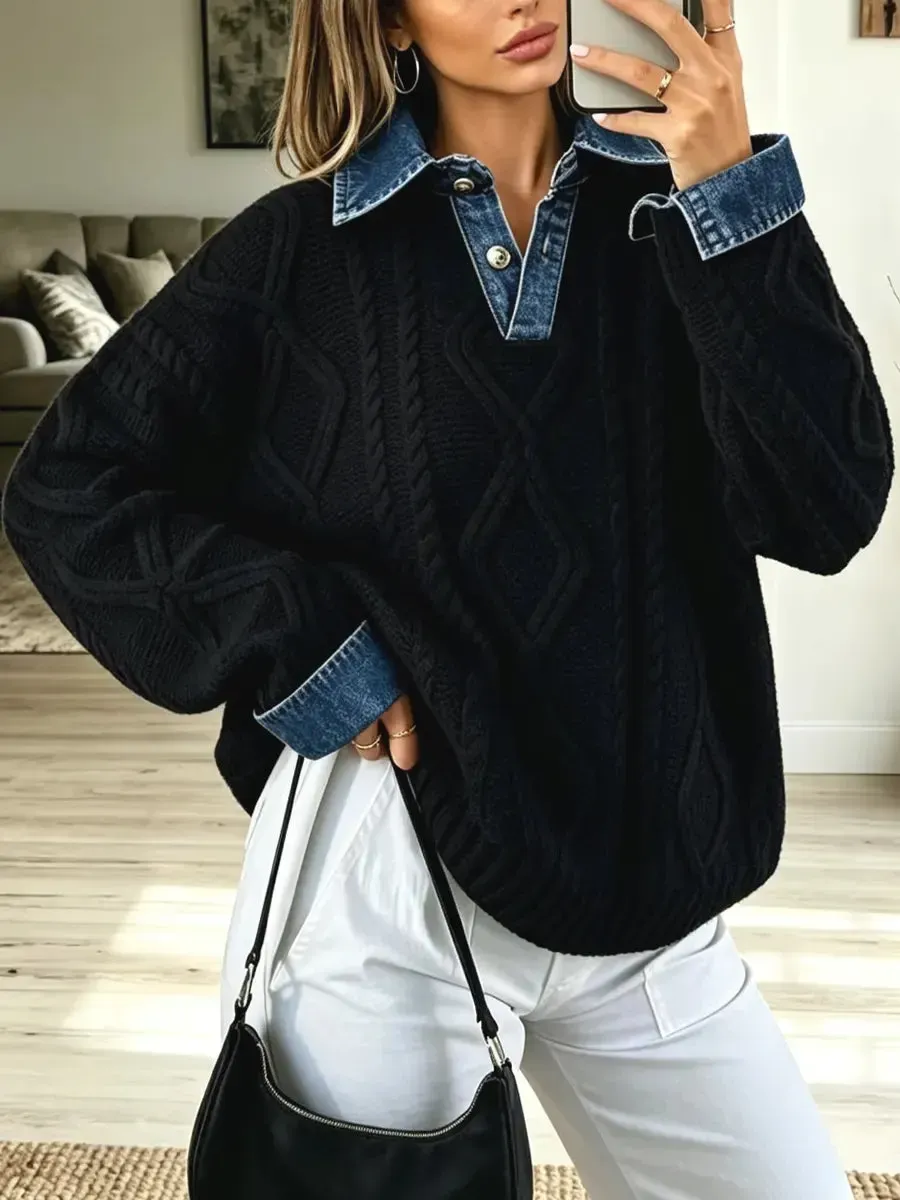 Retro-Denim-Patchwork-Strickpullover, lässig und stylisch, langärmelig