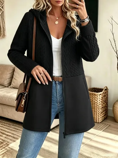 Damen-Strickmantel mit Zopfmuster, Kapuze und Reißverschluss