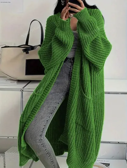Locker geschnittener, langer Strickcardigan für Damen, dicker Strickmantel, mit Taschen
