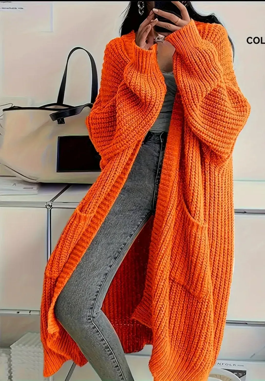 Locker geschnittener, langer Strickcardigan für Damen, dicker Strickmantel, mit Taschen