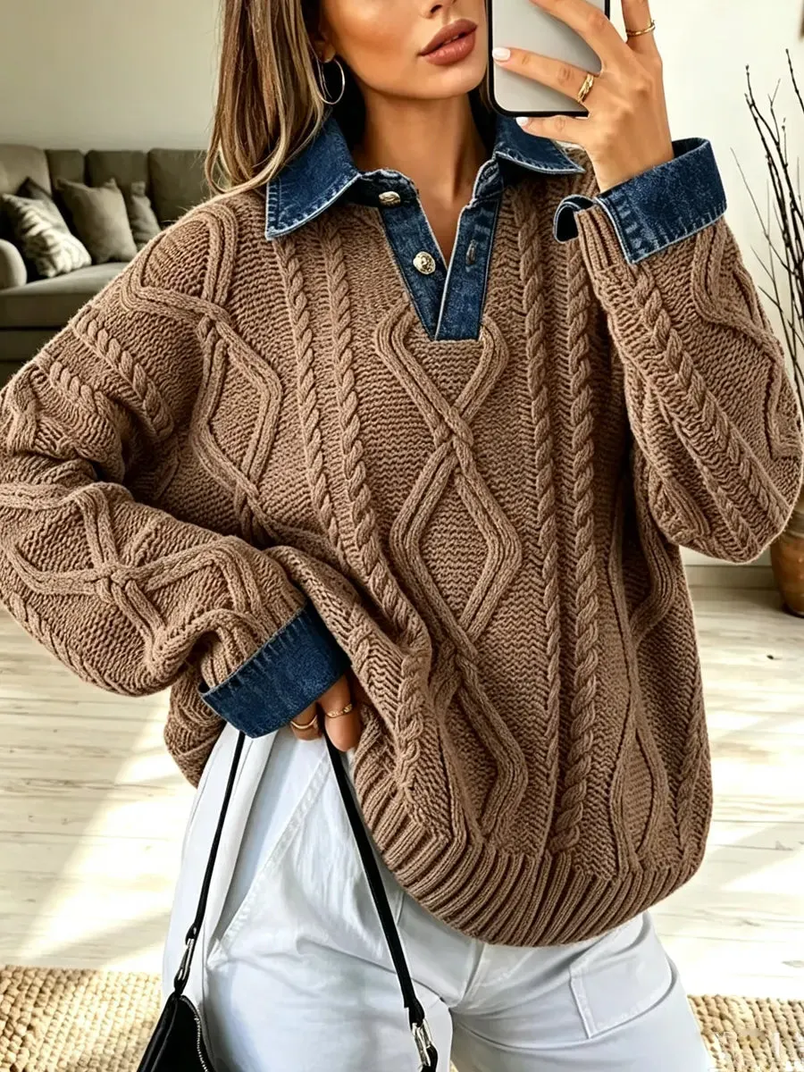 Retro-Denim-Patchwork-Strickpullover, lässig und stylisch, langärmelig