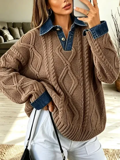 Retro-Denim-Patchwork-Strickpullover, lässig und stylisch, langärmelig