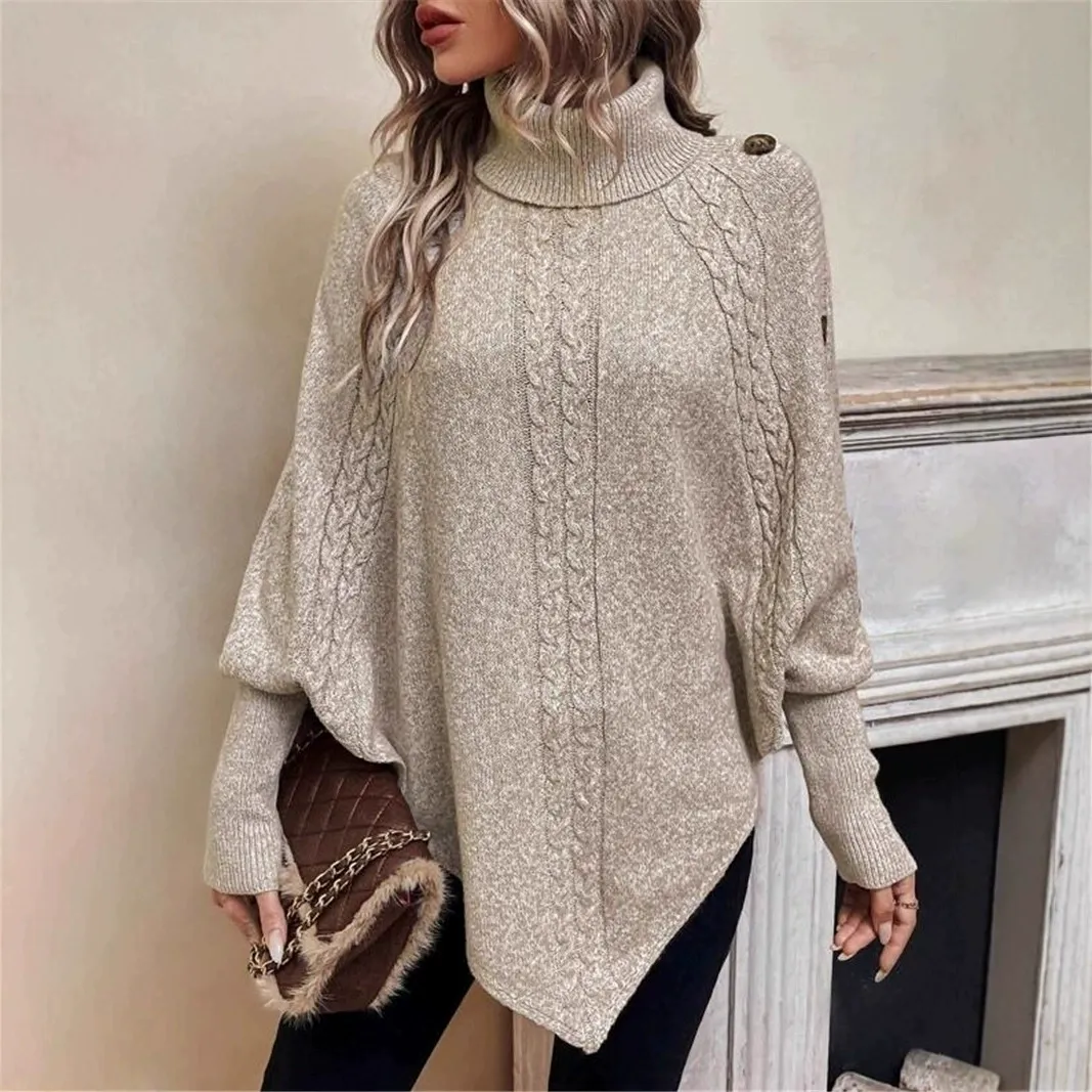Women Raglan Sleeve Decorative Button Pullover Jumper Turtleneck Cable Knit Sweater,