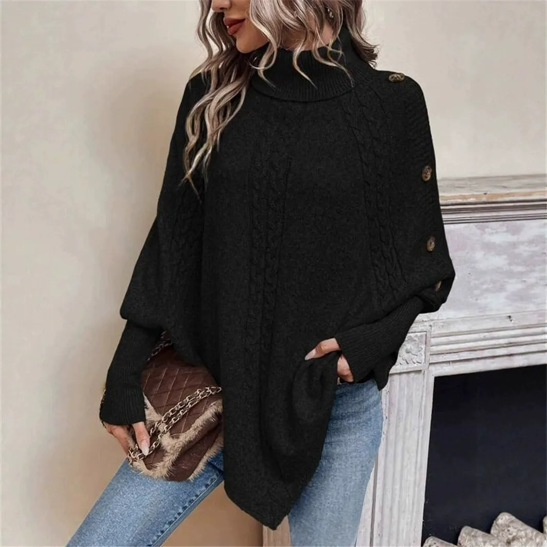Women Raglan Sleeve Decorative Button Pullover Jumper Turtleneck Cable Knit Sweater,