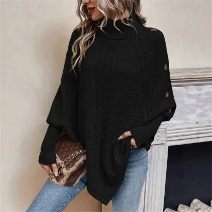 Women Raglan Sleeve Decorative Button Pullover Jumper Turtleneck Cable Knit Sweater,