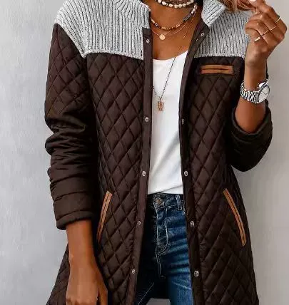 Vintage Elegant Knit Patchwork Pu Quilted Coat
