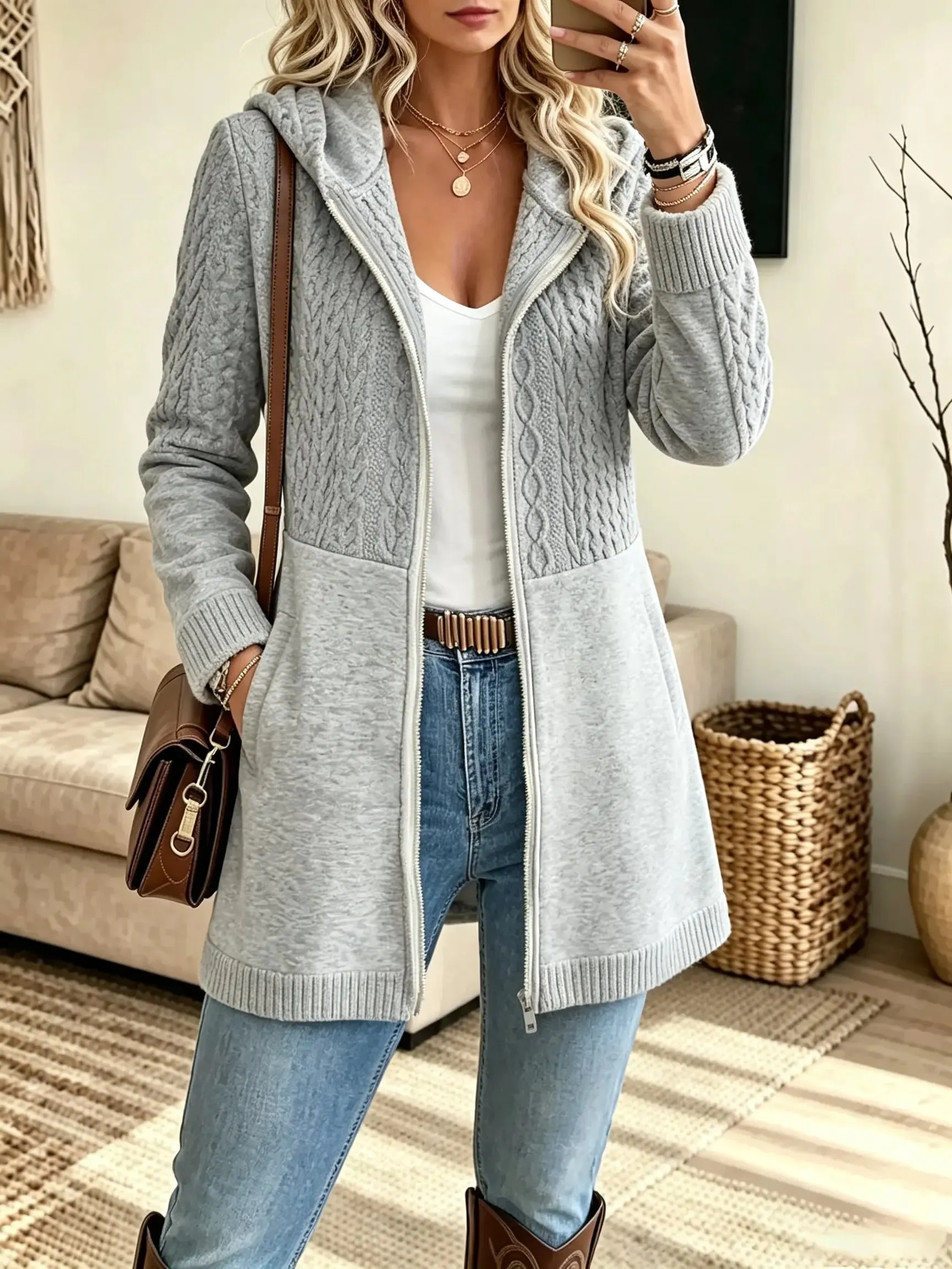 Damen-Strickmantel mit Zopfmuster, Kapuze und Reißverschluss