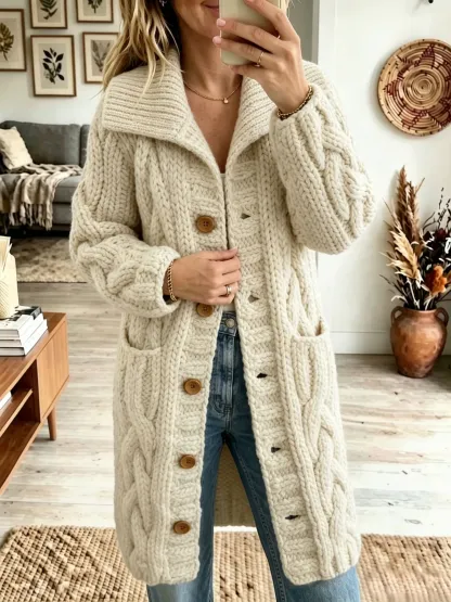 Damen-Cardigan mit Reverskragen, grob gestrickt, mit Knopfleiste, mittellanger Strickmantel