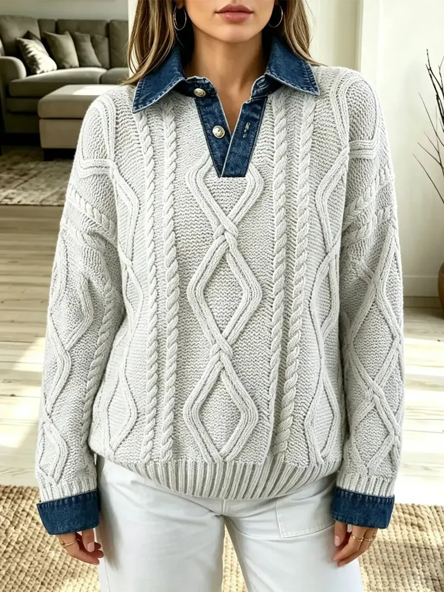 Retro-Denim-Patchwork-Strickpullover, lässig und stylisch, langärmelig