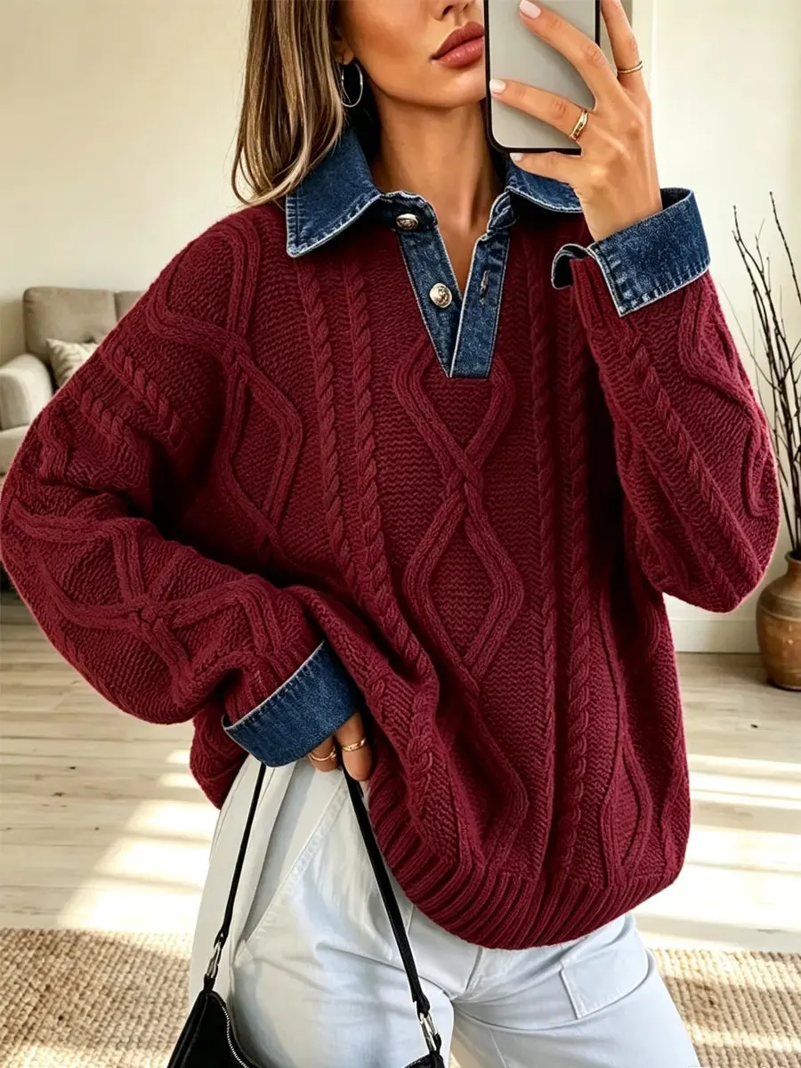 Retro-Denim-Patchwork-Strickpullover, lässig und stylisch, langärmelig