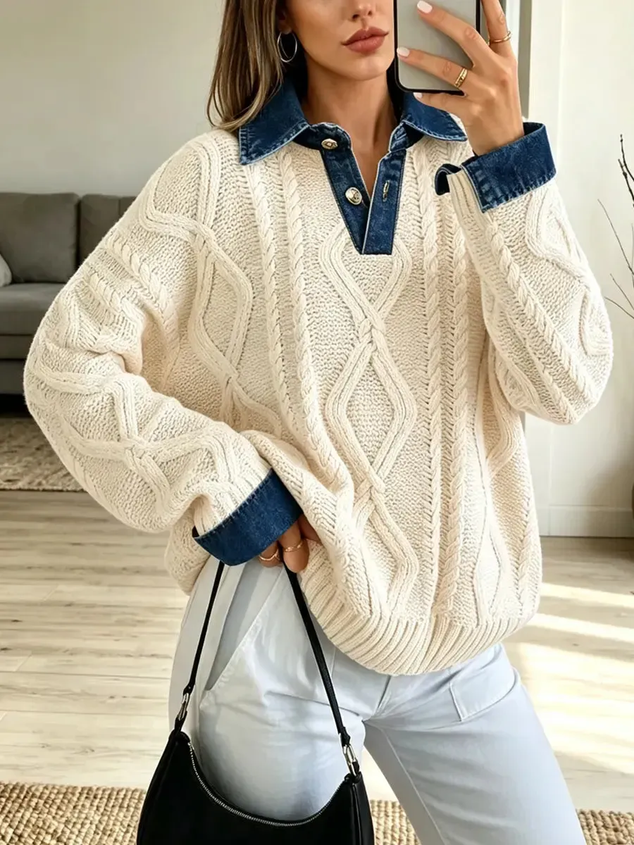 Retro-Denim-Patchwork-Strickpullover, lässig und stylisch, langärmelig