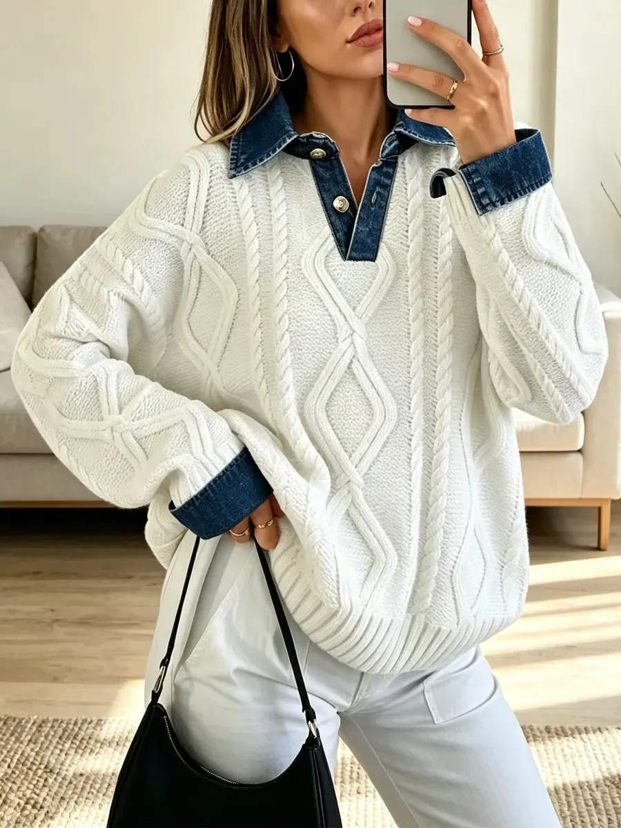 Retro-Denim-Patchwork-Strickpullover, lässig und stylisch, langärmelig