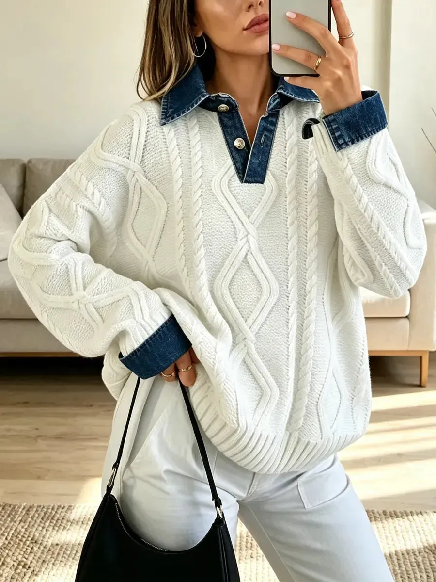 Retro-Denim-Patchwork-Strickpullover, lässig und stylisch, langärmelig