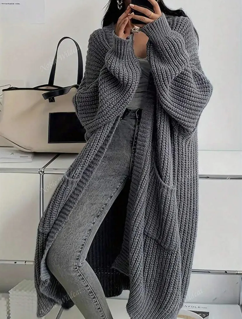 Locker geschnittener, langer Strickcardigan für Damen, dicker Strickmantel, mit Taschen