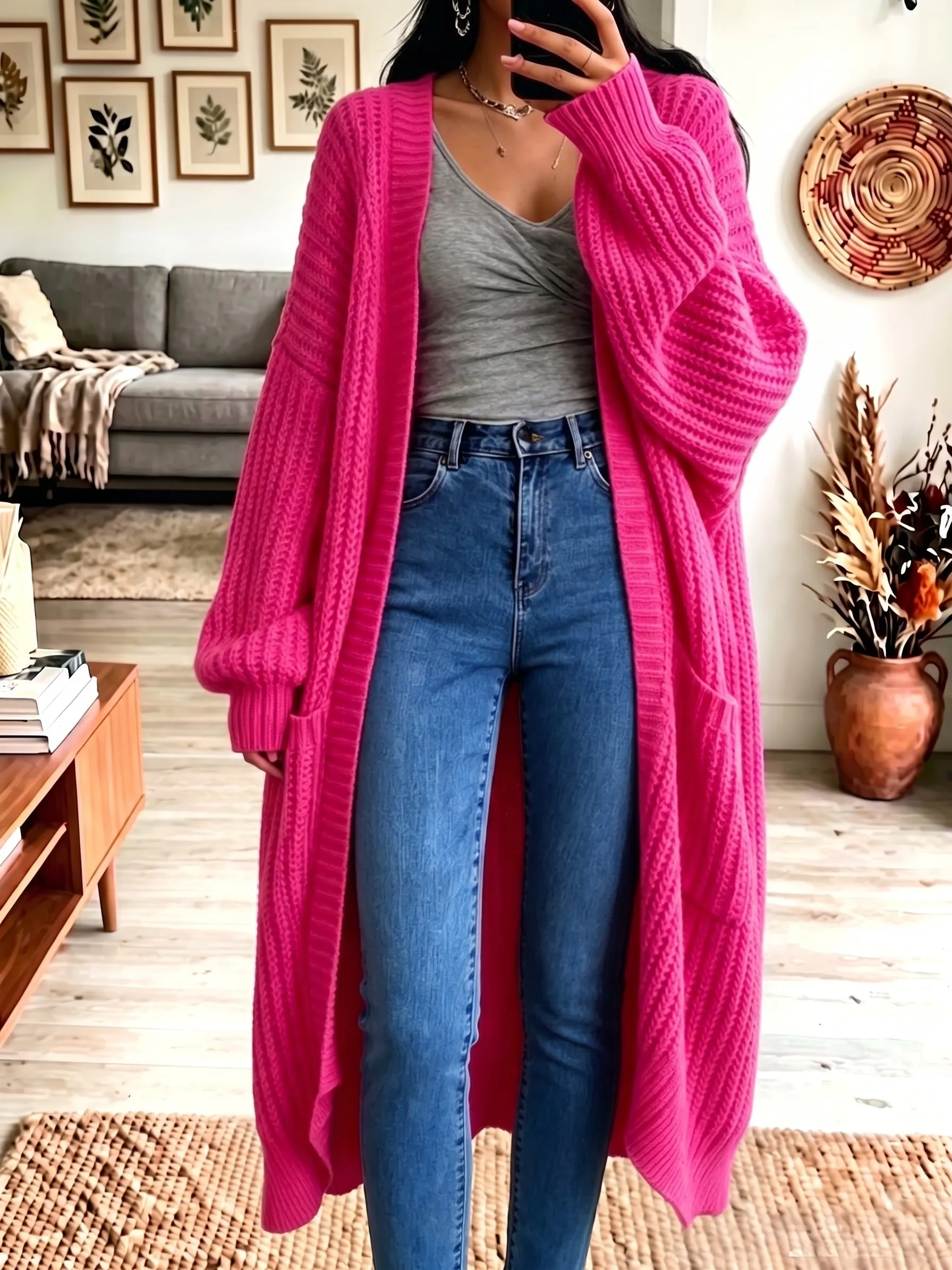 Locker geschnittener, langer Strickcardigan für Damen, dicker Strickmantel, mit Taschen