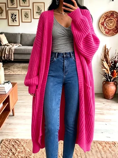 Locker geschnittener, langer Strickcardigan für Damen, dicker Strickmantel, mit Taschen