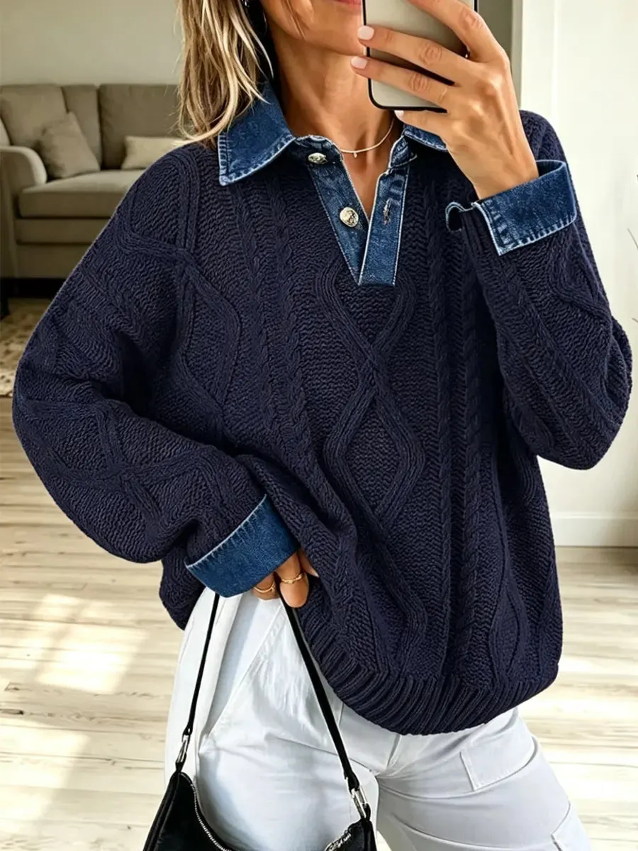 Retro-Denim-Patchwork-Strickpullover, lässig und stylisch, langärmelig