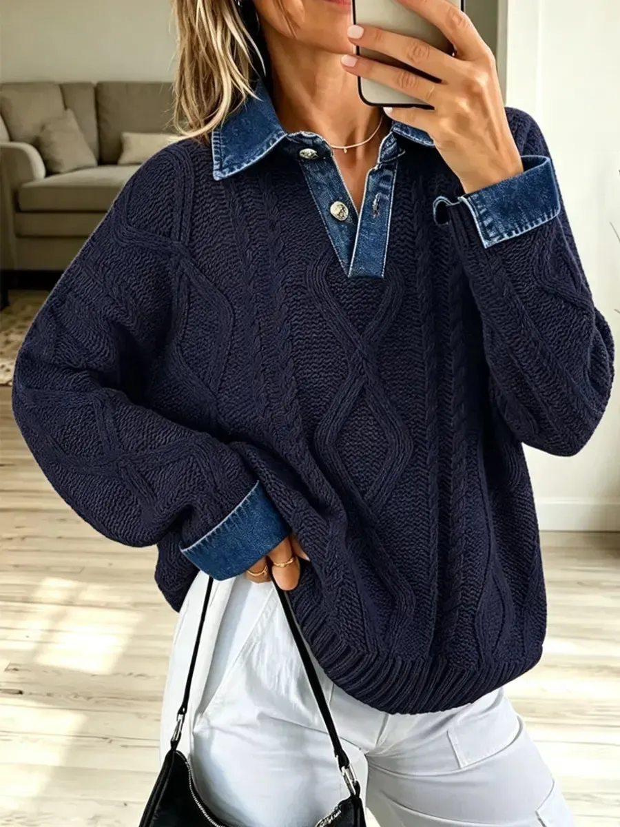 Retro-Denim-Patchwork-Strickpullover, lässig und stylisch, langärmelig
