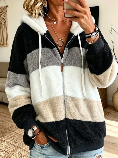 Damen-Fleecejacke, locker, warm, farblich abgesetzt, flauschig, mit Reißverschluss und Kapuze
