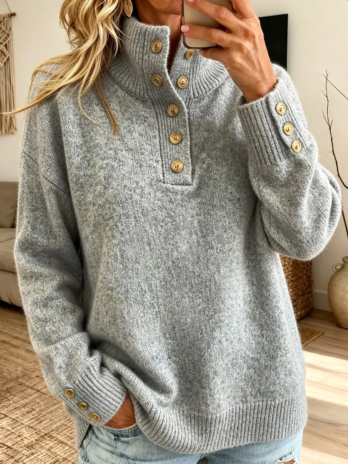 Damen-Pullover mit Knopfleiste, Stehkragen, lockerer Schnitt, lange Ärmel, Strickmuster