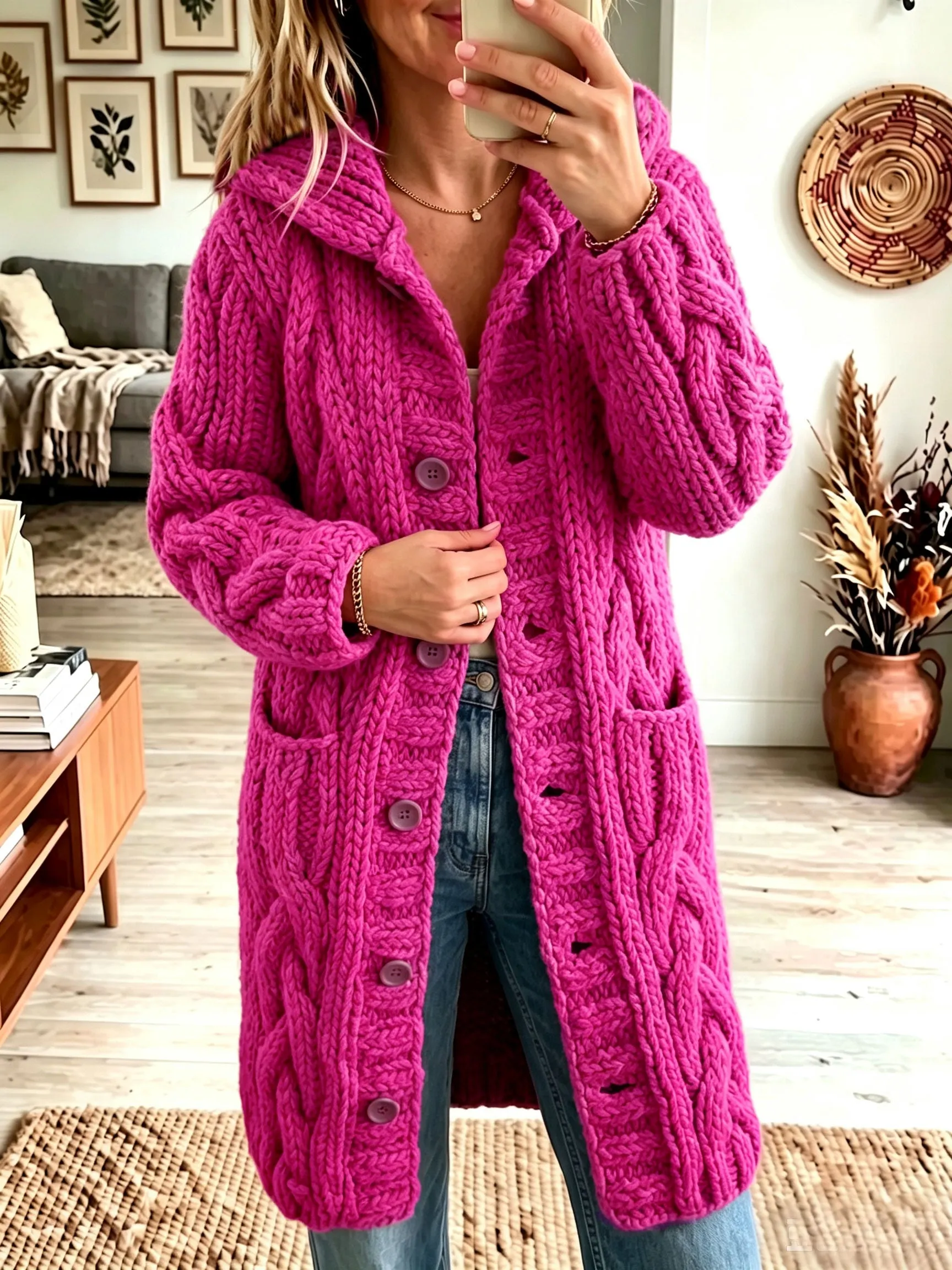 Damen-Cardigan mit Reverskragen, grob gestrickt, mit Knopfleiste, mittellanger Strickmantel