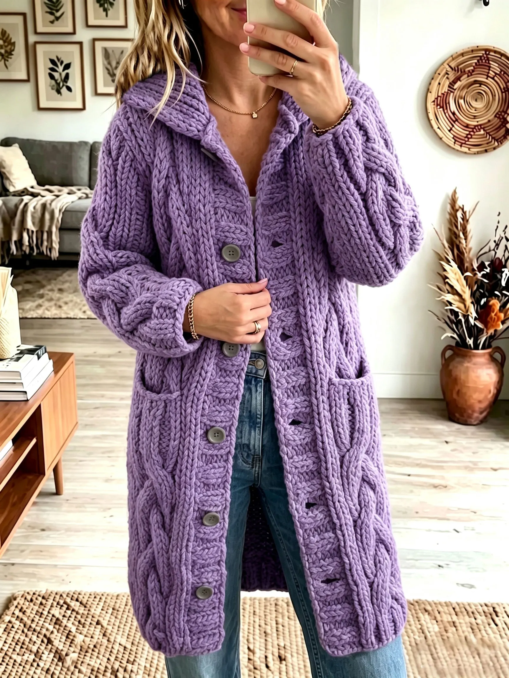 Damen-Cardigan mit Reverskragen, grob gestrickt, mit Knopfleiste, mittellanger Strickmantel