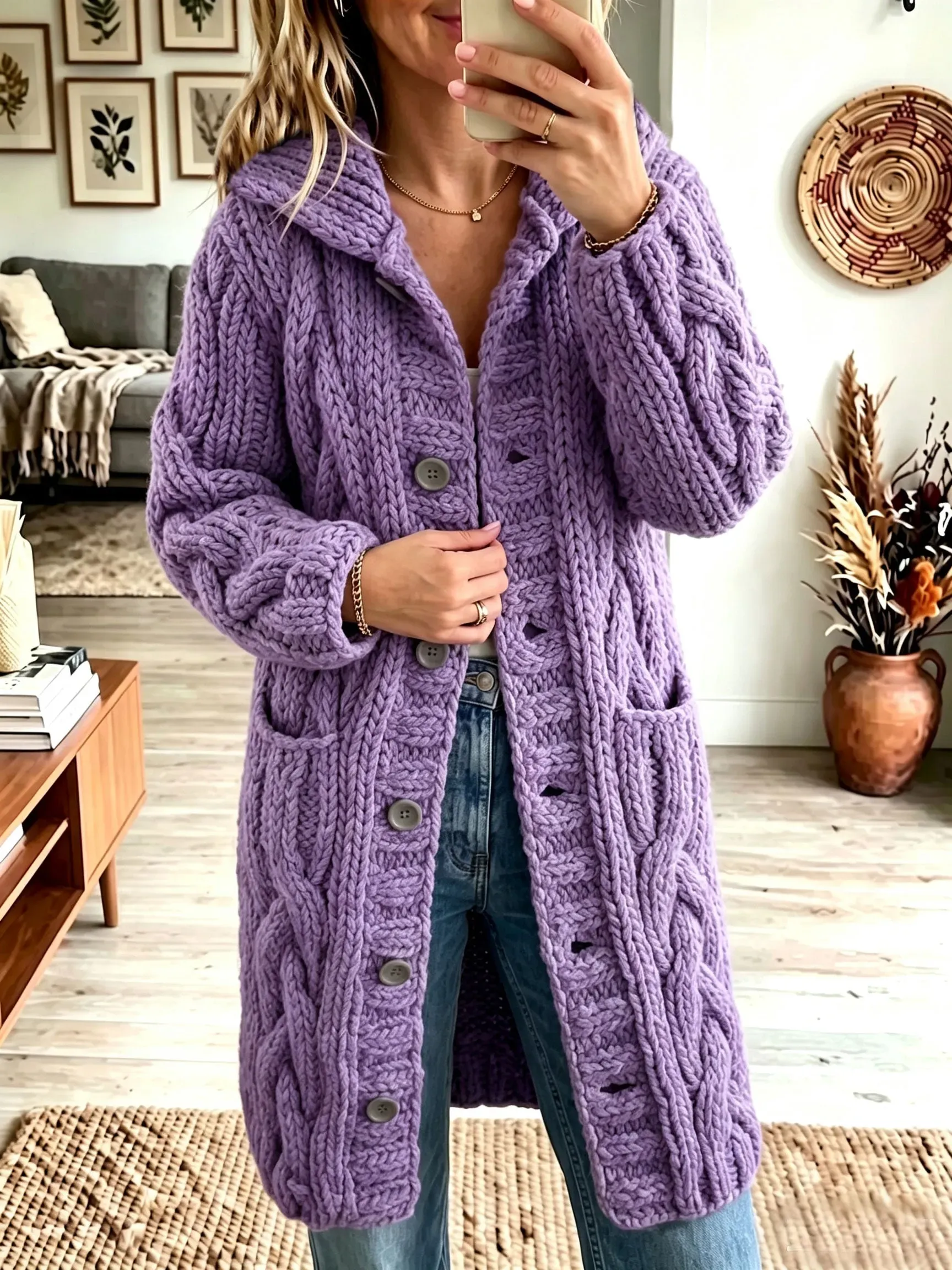 Damen-Cardigan mit Reverskragen, grob gestrickt, mit Knopfleiste, mittellanger Strickmantel