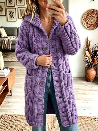 Damen-Cardigan mit Reverskragen, grob gestrickt, mit Knopfleiste, mittellanger Strickmantel