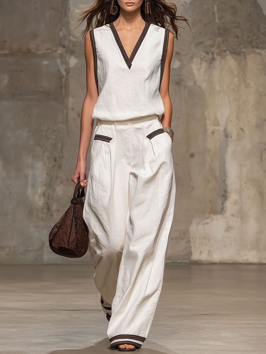 Casual Retro Brown-trimmed White Cotton Linen Sleeveless Top And Pants Set