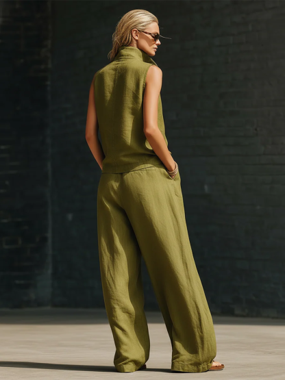 Stylish Stand-up Collar Zipper Linen Cotton Two-piece Set