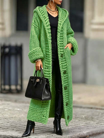 Lässiger, locker geschnittener, langer, grob gestrickter Kapuzencardigan