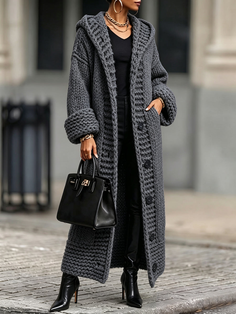 Lässiger, locker geschnittener, langer, grob gestrickter Kapuzencardigan