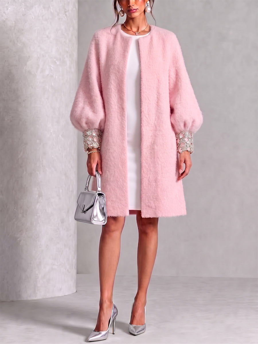 🤲Letzter Tag: 49 % sparen! ⏰Kuscheliger, rosa Wollmantel mit glänzenden Bündchen und offener Vorderseite – Gratis Handtasche!