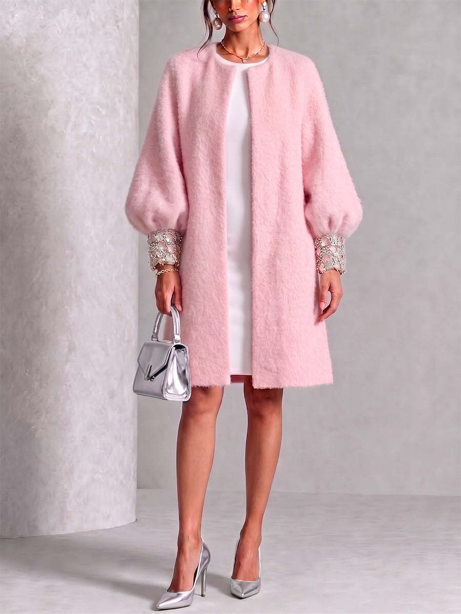 🤲Letzter Tag: 49 % sparen! ⏰Kuscheliger, rosa Wollmantel mit glänzenden Bündchen und offener Vorderseite – Gratis Handtasche!