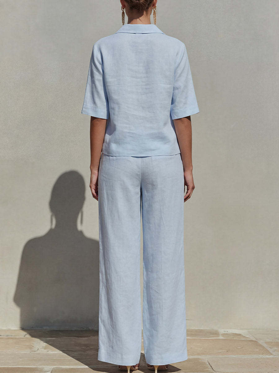 Women's Solid-color Cotton & Linen Set: V-neck Short-sleeve Loose-fit Top And High-waisted Wide-leg Pants