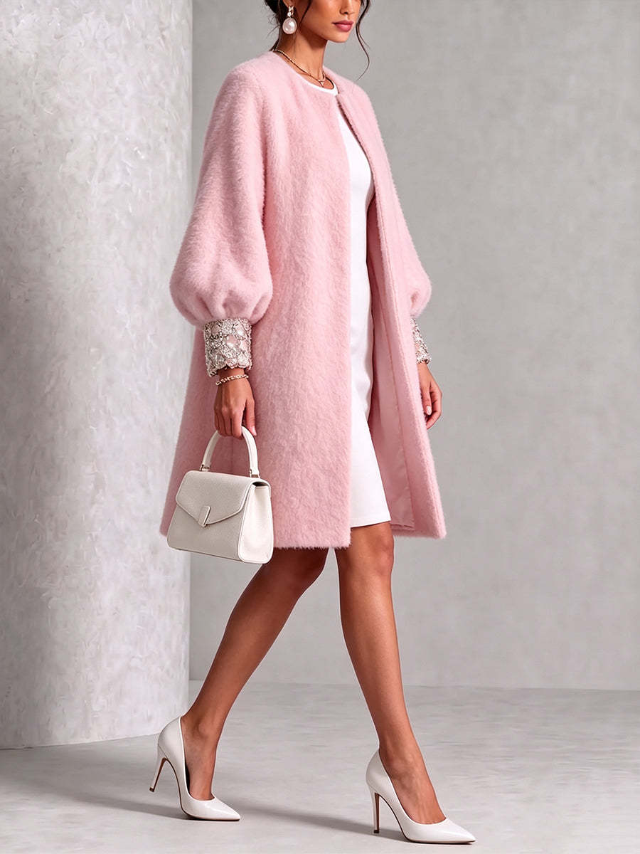 🤲Letzter Tag: 49 % sparen! ⏰Kuscheliger, rosa Wollmantel mit glänzenden Bündchen und offener Vorderseite – Gratis Handtasche!